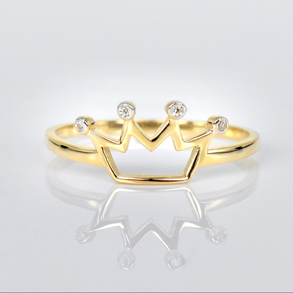 14K Yellow Gold CZ Princess/Queen Crown Tiara Ring sz.7 - New